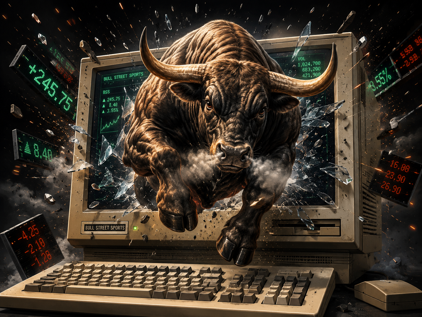 A charging bull breaking through a vintage trading screen.